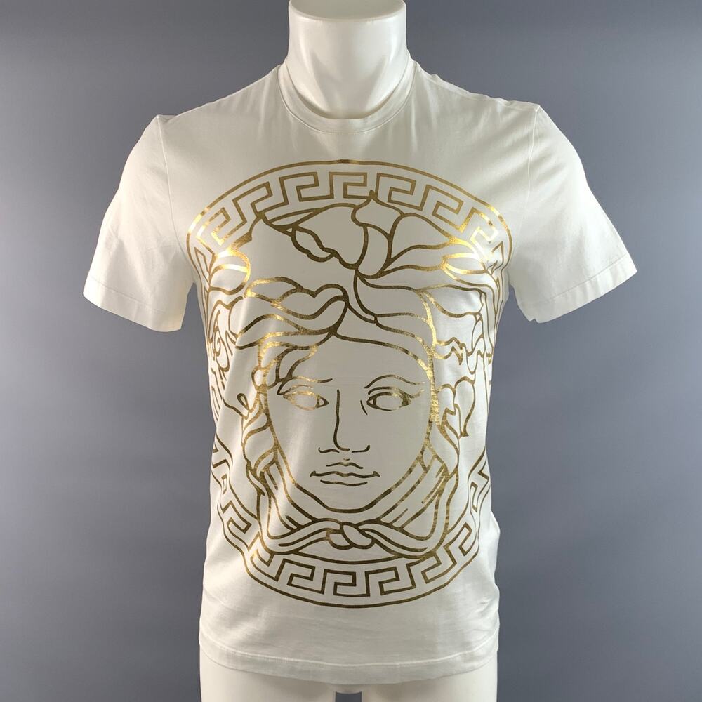 VERSACE Size XS White Gold Medusa Cotton T Shirt Short Sleeve Shirt